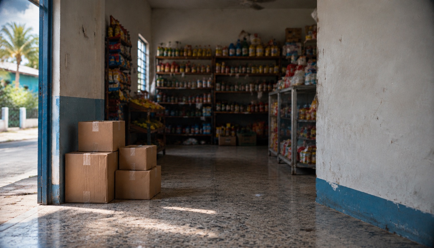 A small local shop interior with cartons by the door